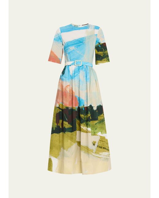 Oscar de la Renta Abstract Landscape Print Flared Midi Dress with Removable Belt