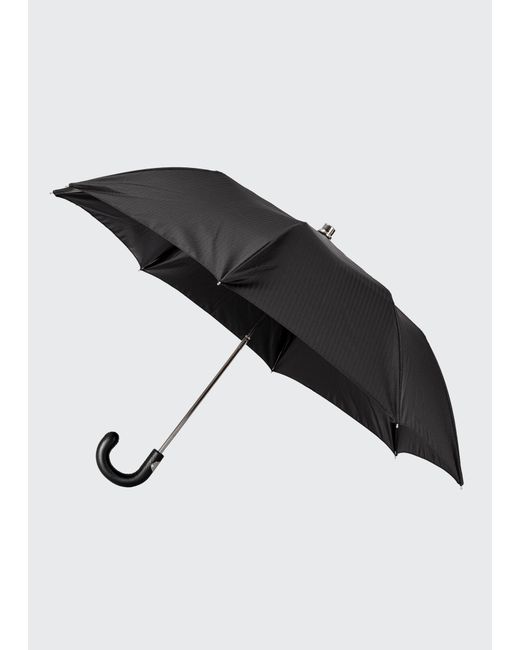 Bergdorf Goodman Herringbone Folding Umbrella w Leather Handle