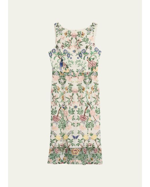 Marchesa Notte Sleeveless Floral-Embroidered Tulle Midi Dress