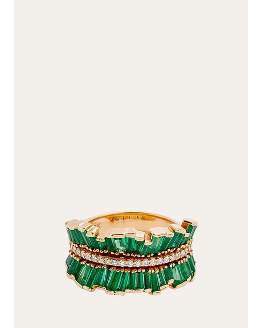 Nak Armstrong Double Ruched Ribbon Ring with Emerald and Diamonds
