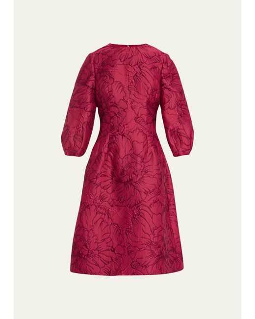 Rickie Freeman for Teri Jon Blouson-Sleeve Floral Jacquard Midi Dress