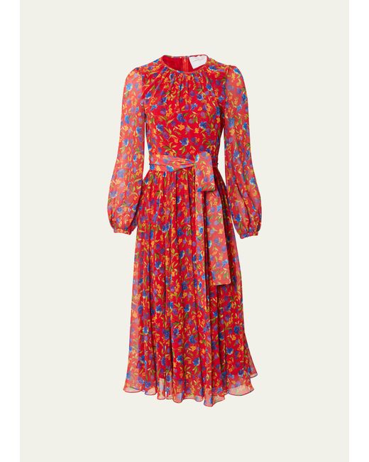 Carolina Herrera Floral-Print Gathered-Neck Long-Sleeve Midi Dress
