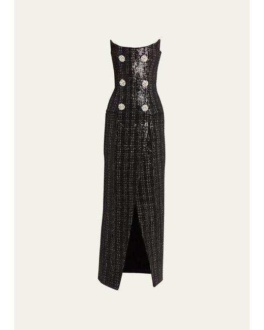 Balmain Sequined Strapless Dress with Jewel Double-Breast Buttons
