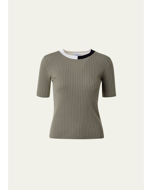 Akris Punto Ribbed Knit Wool Top with Colorblock Collar