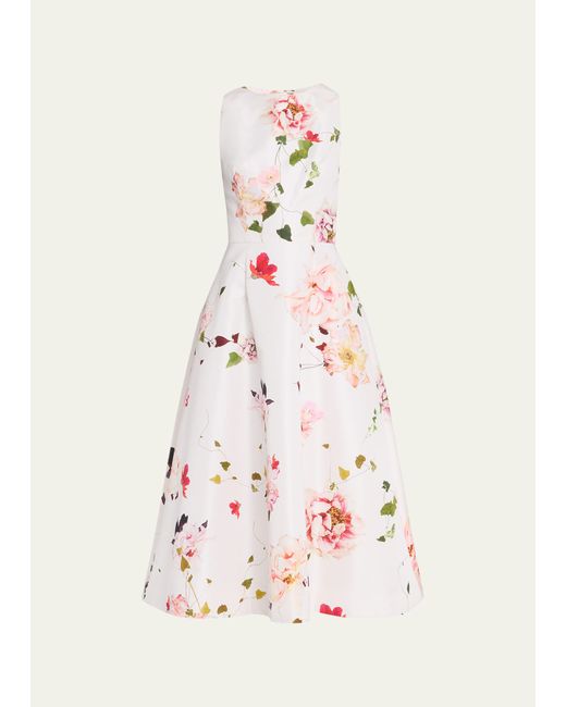 Monique Lhuillier Fit-and-Flare Floral Print Midi Dress