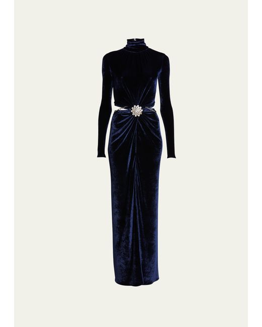 Rabanne Mock-Neck Velvet Ruched Cutout Gown with Crystal Accent