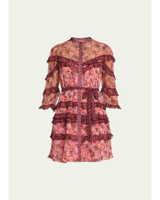 Saloni Tasha Tiered Ruffle Silk Button-Front Mini Dress