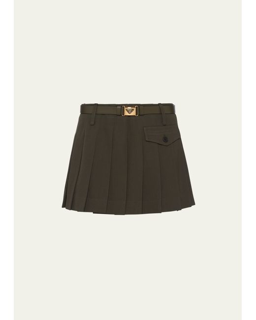 Prada Pleated Gabardine Leather Belted Mini Skirt