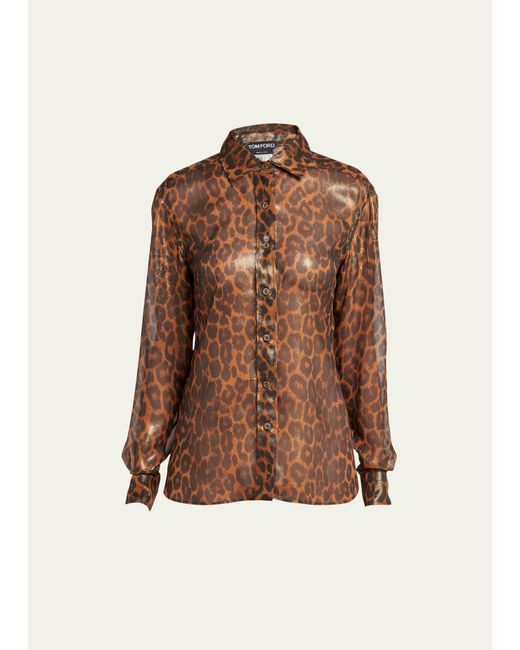 Tom Ford Laminated Leopard Print Button-Front Blouse