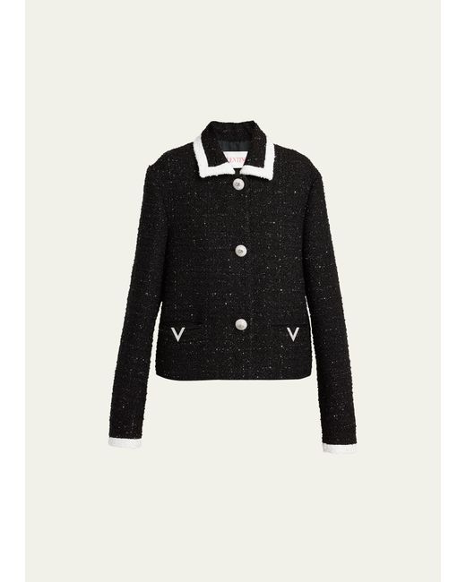 Valentino Garavani Metallic Tweed Contrast-Trim Collared Blazer Jacket