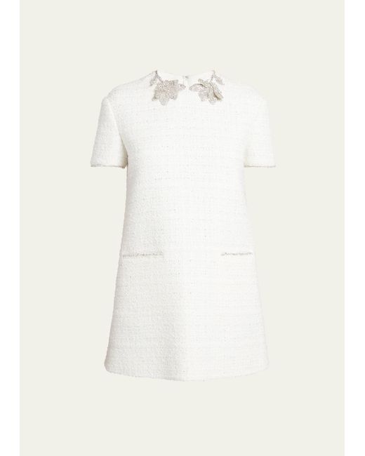 Valentino Garavani Crystal Flower Short-Sleeve Tweed Mini Dress
