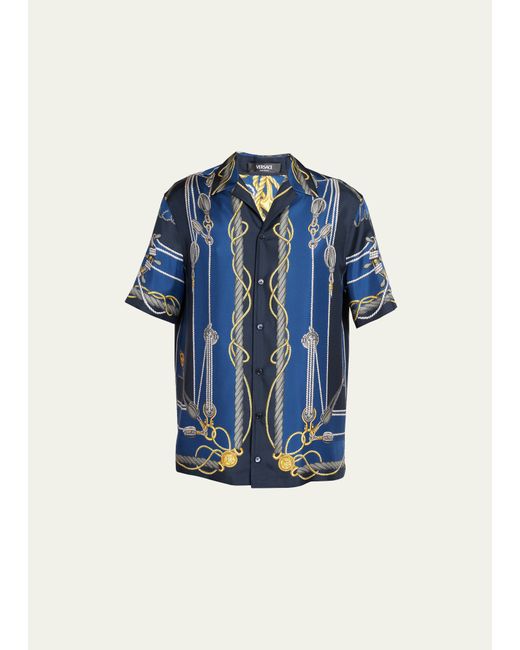 Versace Nautical-Print Silk Short-Sleeve Shirt