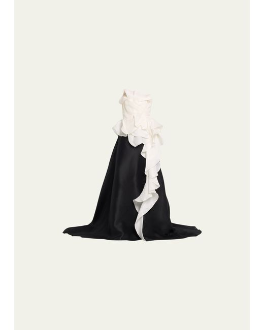 Marchesa Colorblock Cascading Ruffle Strapless Silk Gown