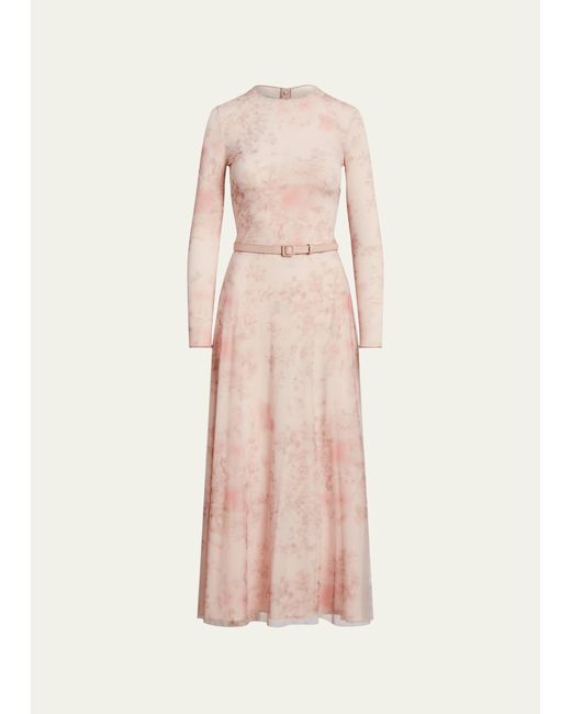 Ralph Lauren Collection Painted Garden Long-Sleeve Tulle Midi Dress With Leather Belt