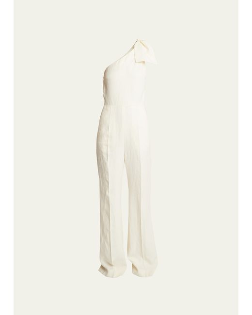 Chloé Linen Canvas One-Shoulder Jumpsuit with Bow Detail