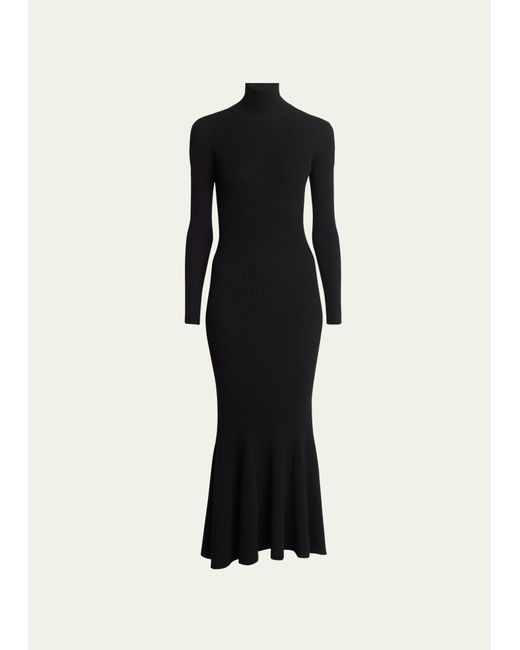 Balenciaga High-Neck Ribbed Cashmere Wool Flounce Dress
