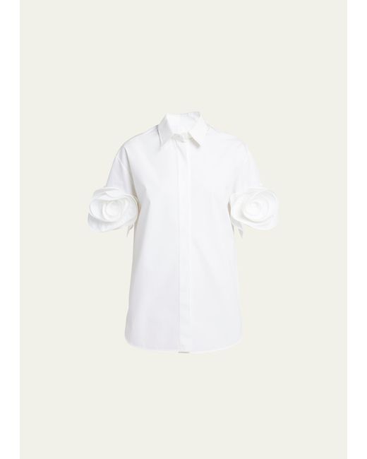 Valentino Garavani Rosette-Cuff Short-Sleeve Poplin Collared Shirt