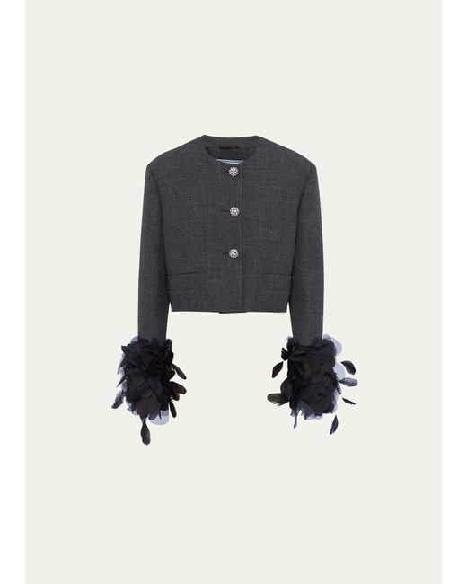 Prada Mat Feather-Cuff Cropped Jacket with Crystal Buttons