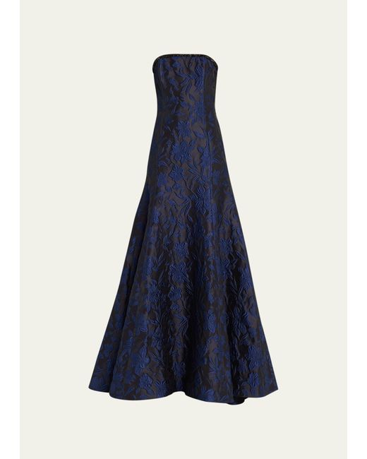 Naeem Khan Blue Jacquard Gown with Embroidered Detail