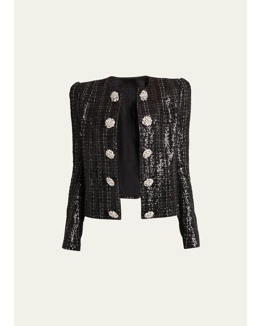 Balmain Collarless Sequined Tweed Jacket with Jewel Buttons