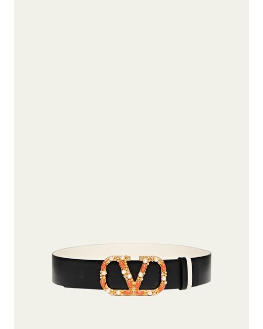 Valentino Embellished V-Logo Reversible Leather Belt