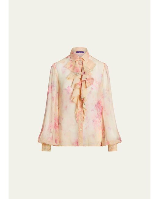 Ralph Lauren Collection Dylon Floral Watercolor Ruffle-Bib Organza Collared Shirt