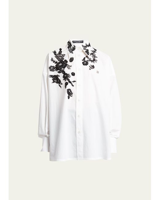 Dolce & Gabbana Poplin Button-Front Shirt with Floral Lace Detail
