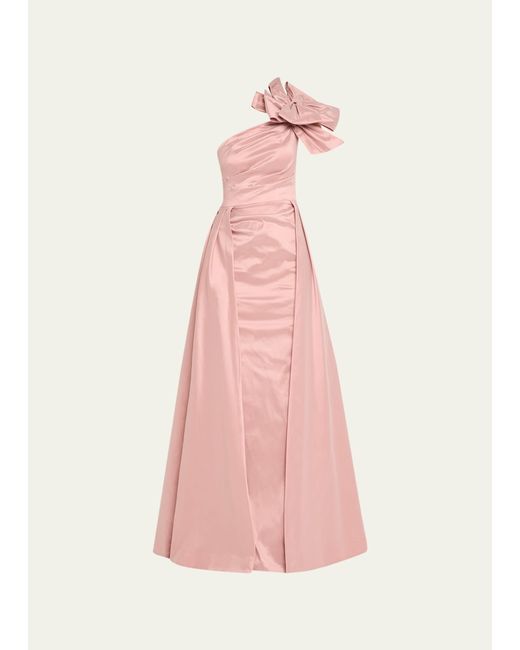 Rickie Freeman for Teri Jon One-Shoulder Bow-Front Pleated Taffeta Gown