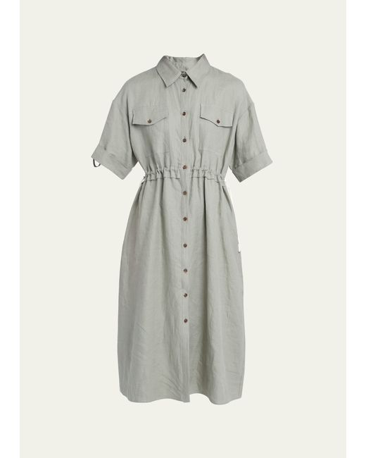 Kiton Drawstring Linen Button Down Midi Dress