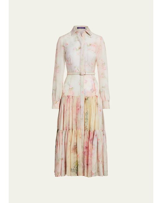 Ralph Lauren Collection Ellasandra Floral Watercolor Tiered Midi Belted Dress