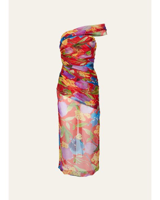 Carolina Herrera Floral One-Shoulder Ruched Midi Dress with Shoulder Sash
