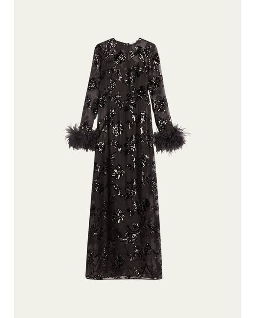 Erdem Sequin Waisted Column Gown with Feather Cuffs
