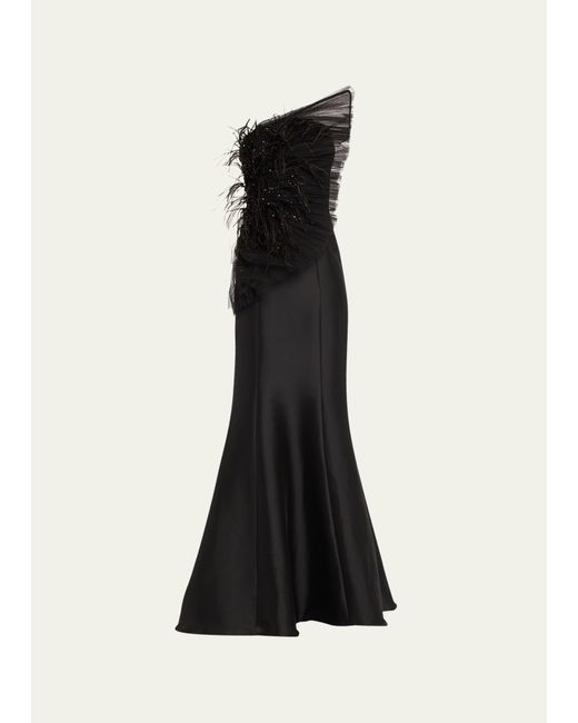 Badgley Mischka Collection Strapless Feather Ruffle Mermaid Gown