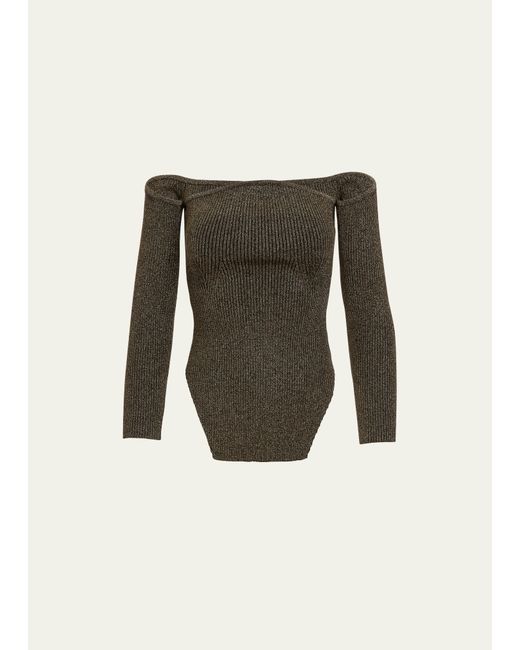 Khaite Maria Metallic Off-Shoulder Ribbed Sweater