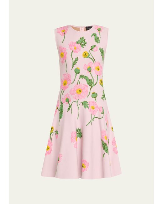 Oscar de la Renta Painted Poppies Jacquard Sleeveless A-Line Dress
