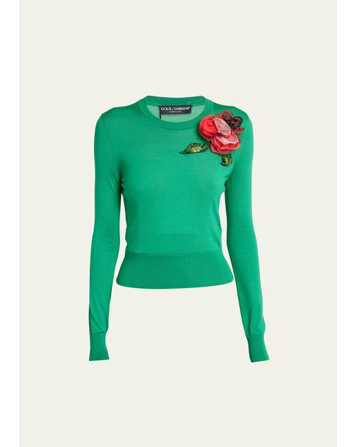 Dolce & Gabbana Silk Knit Sweater with Floral Applique Detail