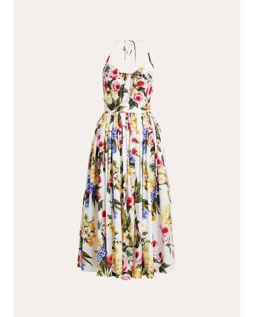 Dolce & Gabbana Floral Print Poplin Halter Midi Dress