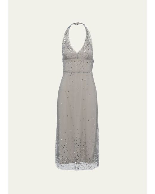 Prada Crystal-Embellished Halter Tulle Midi Dress