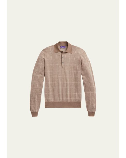 Ralph Lauren Purple Label Mens Glen Plaid Cashmere-Silk Polo Sweater