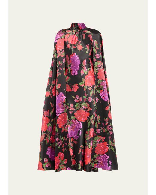 Rodarte Floral-Printed Silk Cape-Sleeve Midi Dress