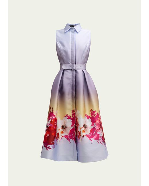 Rickie Freeman for Teri Jon Pleated Ombre Floral-Print Midi Shirtdress