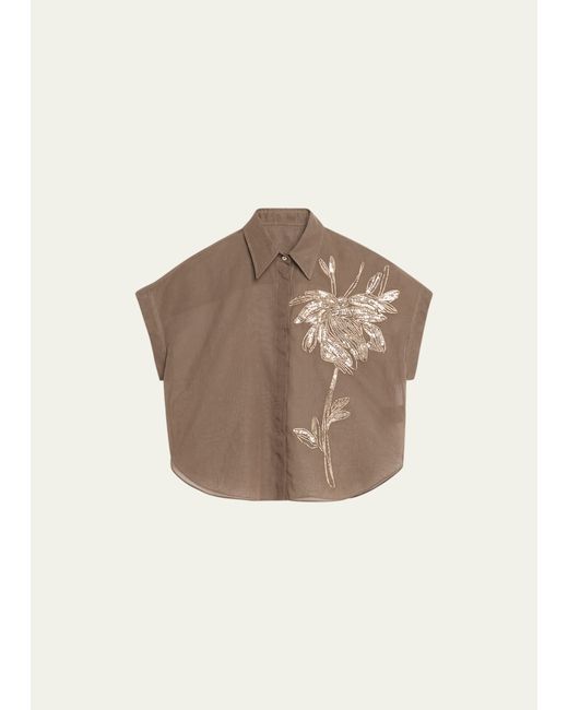 Brunello Cucinelli Crispy Silk Button-Front Top with Magnolia Embroidery