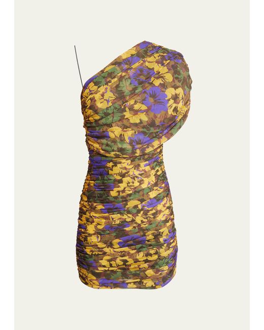 Saint Laurent One-Shoulder Ruched Print Mini Dress