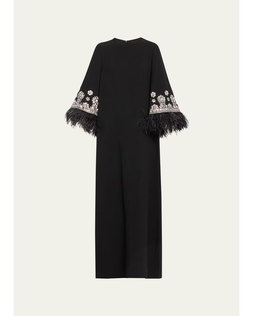 Andrew Gn Wide Embellished Feather Trimmed Slv Gown