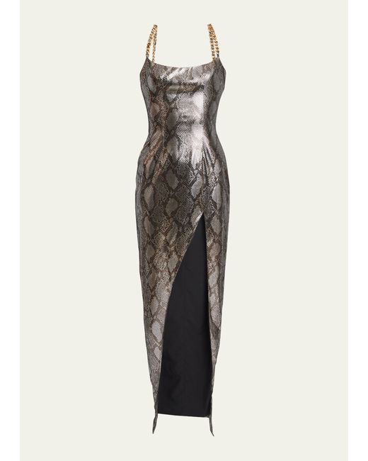 Balmain Shiny Python Gown with Chain Detail