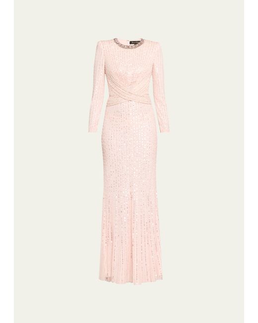 Jenny Packham Macelline Sequined Crystal Crossover Long-Sleeve Gown