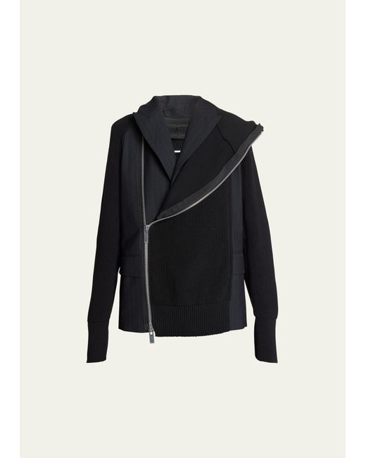 Sacai Mixed-Media Stripe Blazer with Zip-Up Jacket Overlay