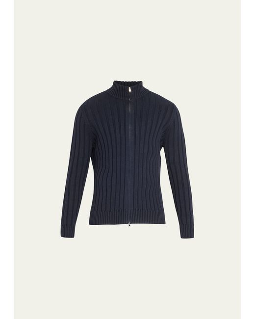 Bergdorf Goodman Cotton-Cashmere Wide Rib Full-Zip Sweater