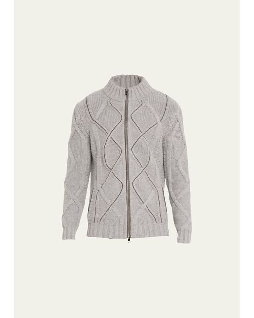 Bergdorf Goodman Wool-Cashmere Cable Knit Full-Zip Sweater