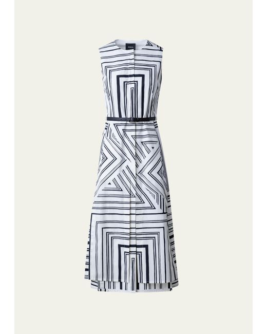 Akris Poplin Lizzis Lines Printed Midi Dress with Belt